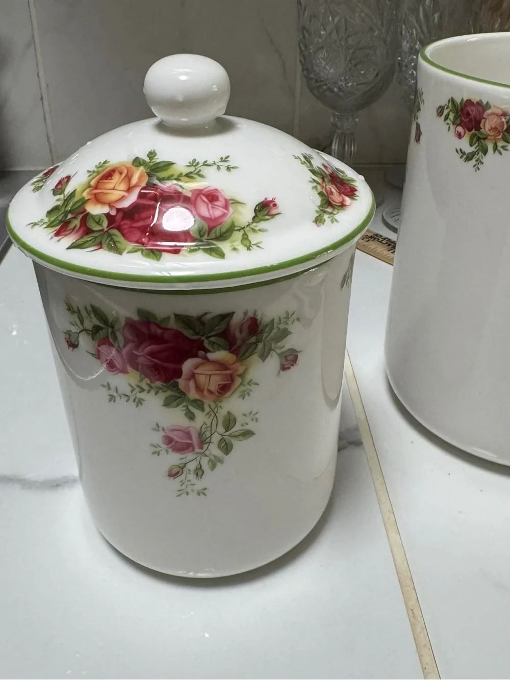 Royal Albert White Porcelain Canister Set with Pink and Yellow Rose Pattern